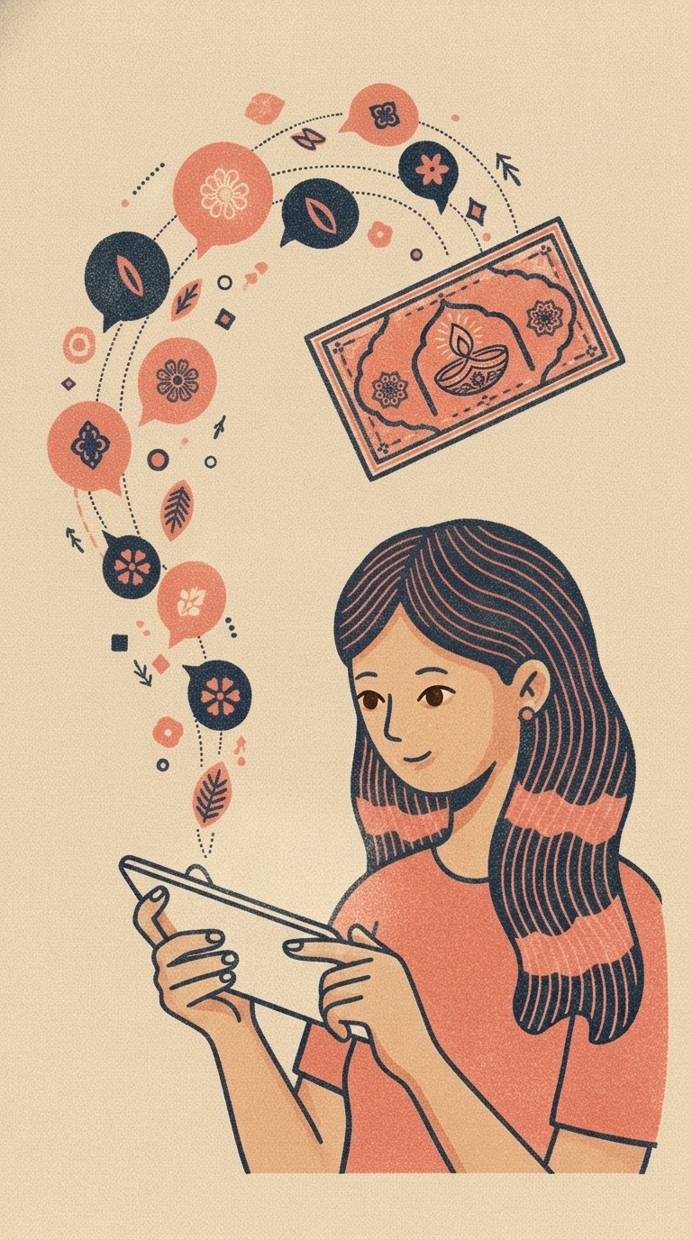 A woman holding a phone, a Diwali card and a trail of chat bubbles rising from it.