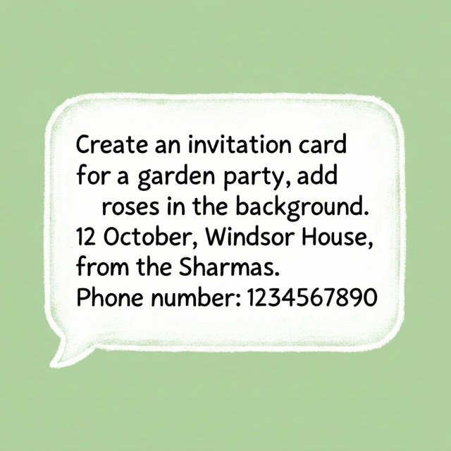 A chat message asking for a garden party invitation on 12 October at Windsor House, with roses in the background.