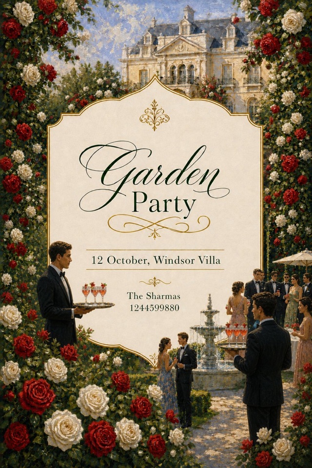 The same invitation after a reply: the garden is now banked with red and white roses.