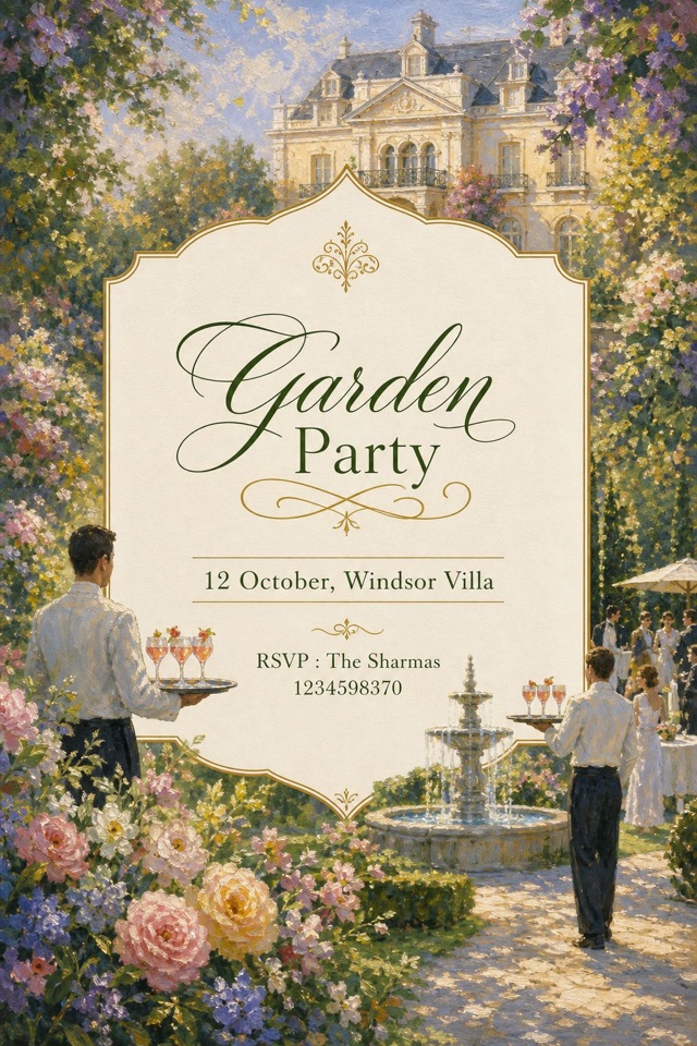 The card that came back: a Garden Party invitation in a painted garden of pale flowers, with the date and the Sharmas' number.
